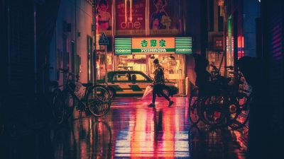 美剧在线推荐科幻剧封面，未来城市夜景与霓虹灯光，赛博朋克风格强烈